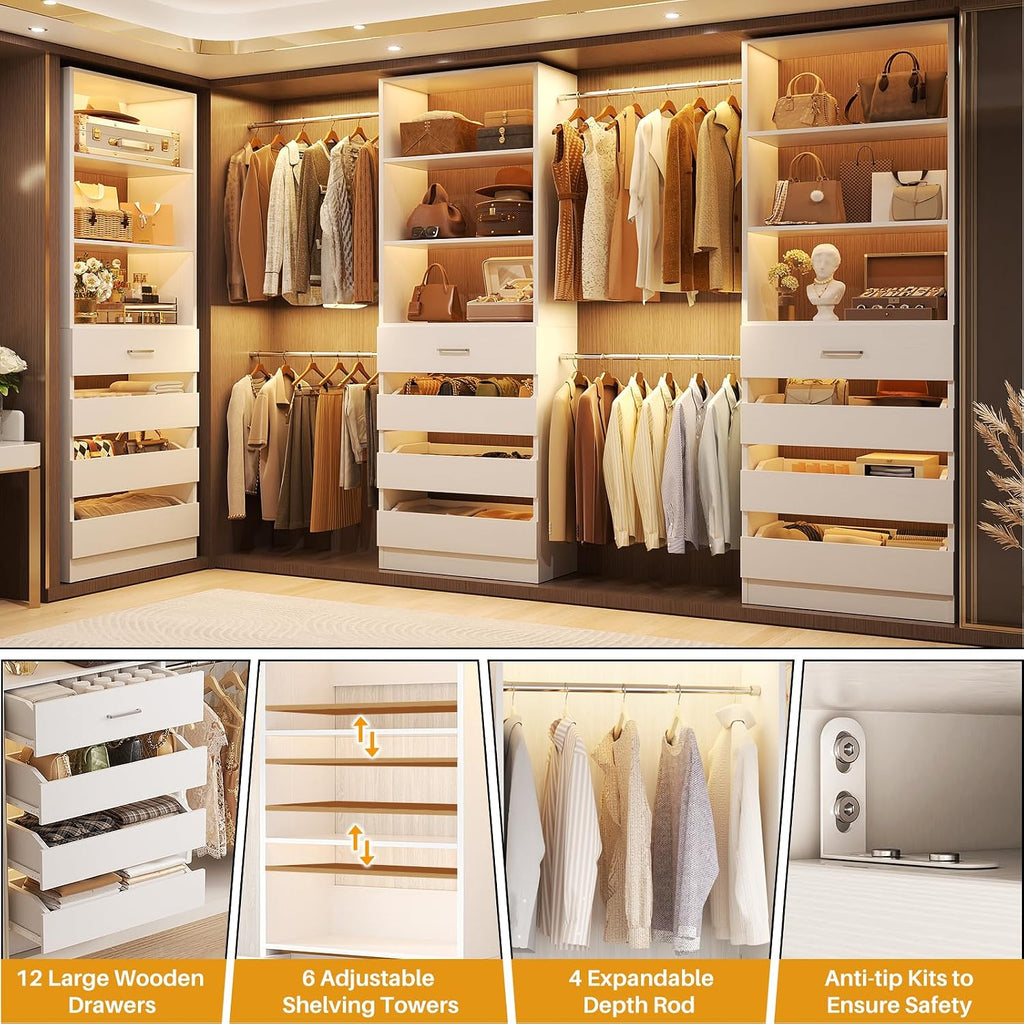 Closet System with 12 Drawers, 8.5-11.5Ft Wood Closet Organizer System with 4 Hanging Rods & 3 Towers, 4Ft & 6Ft