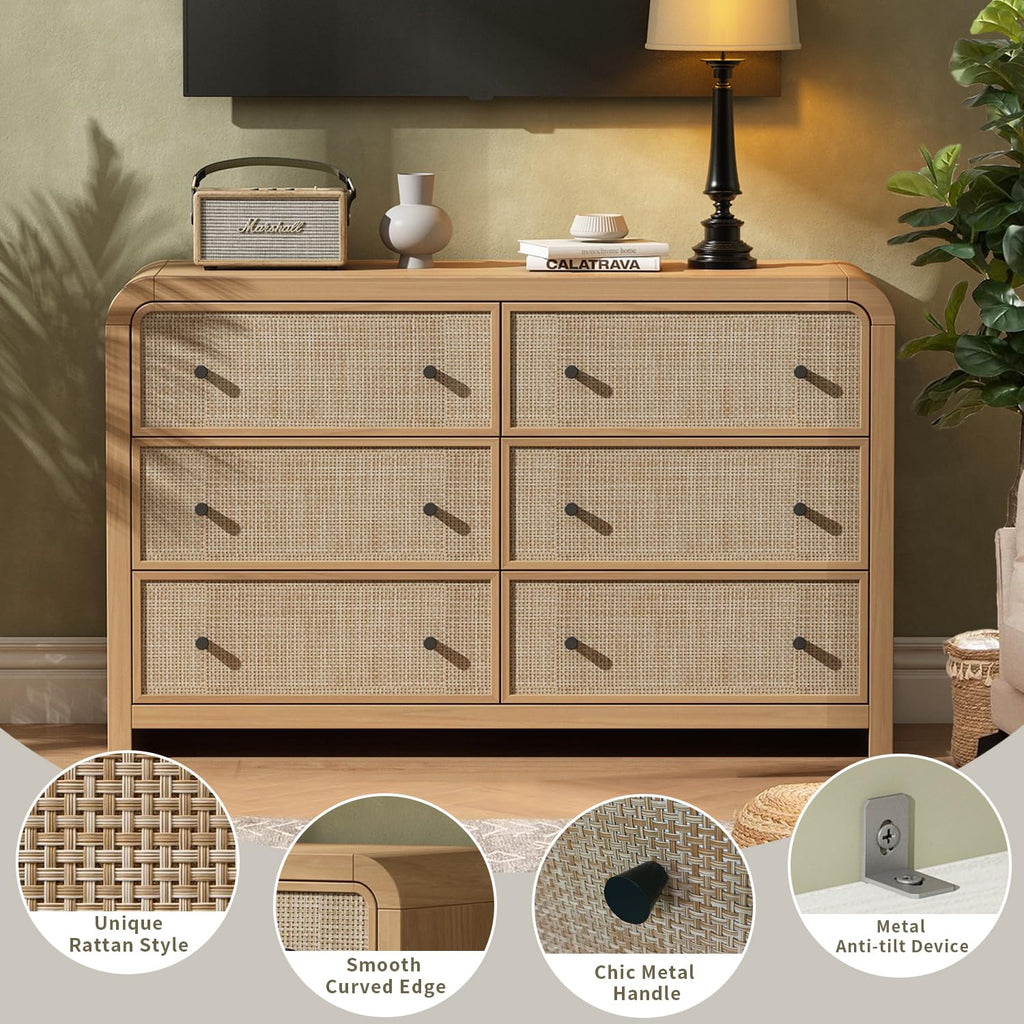 6 Drawer Dresser, 49'' Rattan Dresser