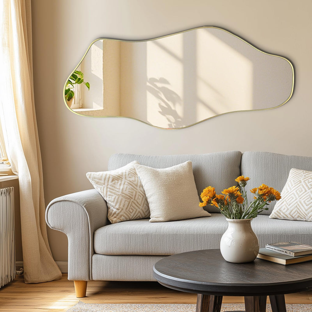 Irregular Wall Mirror, 47.2"x21.6" Gold Asymmetrical Frameless Mirror, Modern Organic Shaped Mirrors Bedroom Hallway