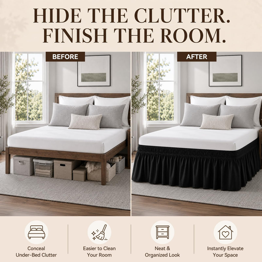Black King Bed Skirt 14 Inch Drop, Elastic Wrap Dust Ruffle
