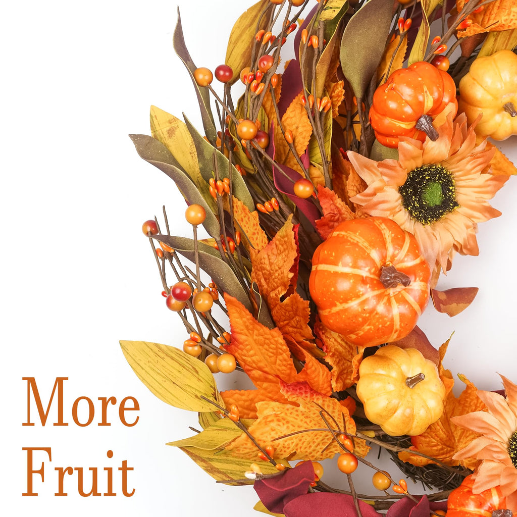 Fall Wreaths for Front Door 22 Inch, Autumn Wreath with Berry Pumpkin, Maple Leaves, Thanksgiving Harvest Festival