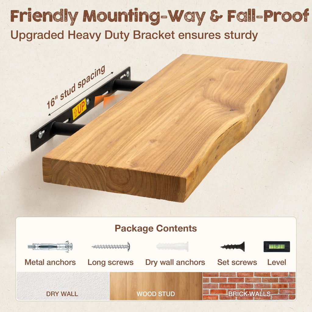 Live Edge Floating Shelves for Wall, 36 Inch Solid Elm Wood Shelves