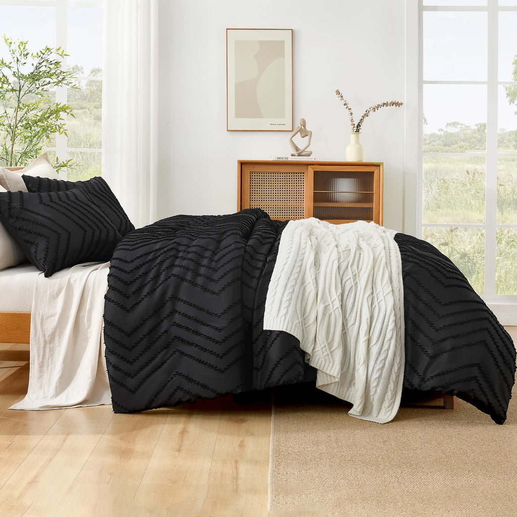Black Super King Plus Comforter Set, 3 Pcs Boho Tufted Bedding Set