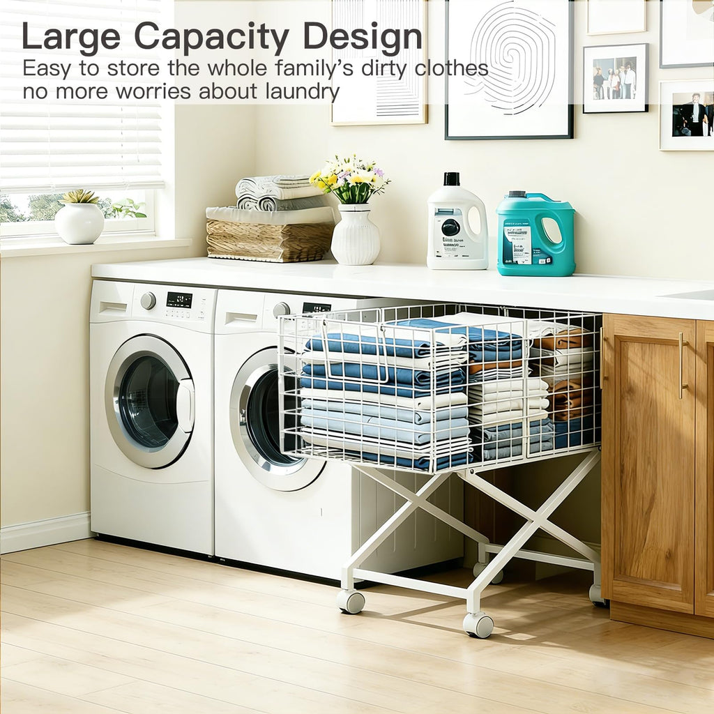 Rolling Laundry Basket with Wheels, 27" Elevated 80L Cart White