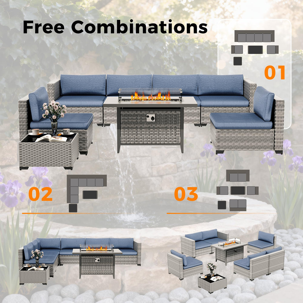 6-Seat Modern Outdoor Wicker Rattan Patio Furniture Set with 55, 000 BTU Fire Pit Table, Thick 4′′ Cushions