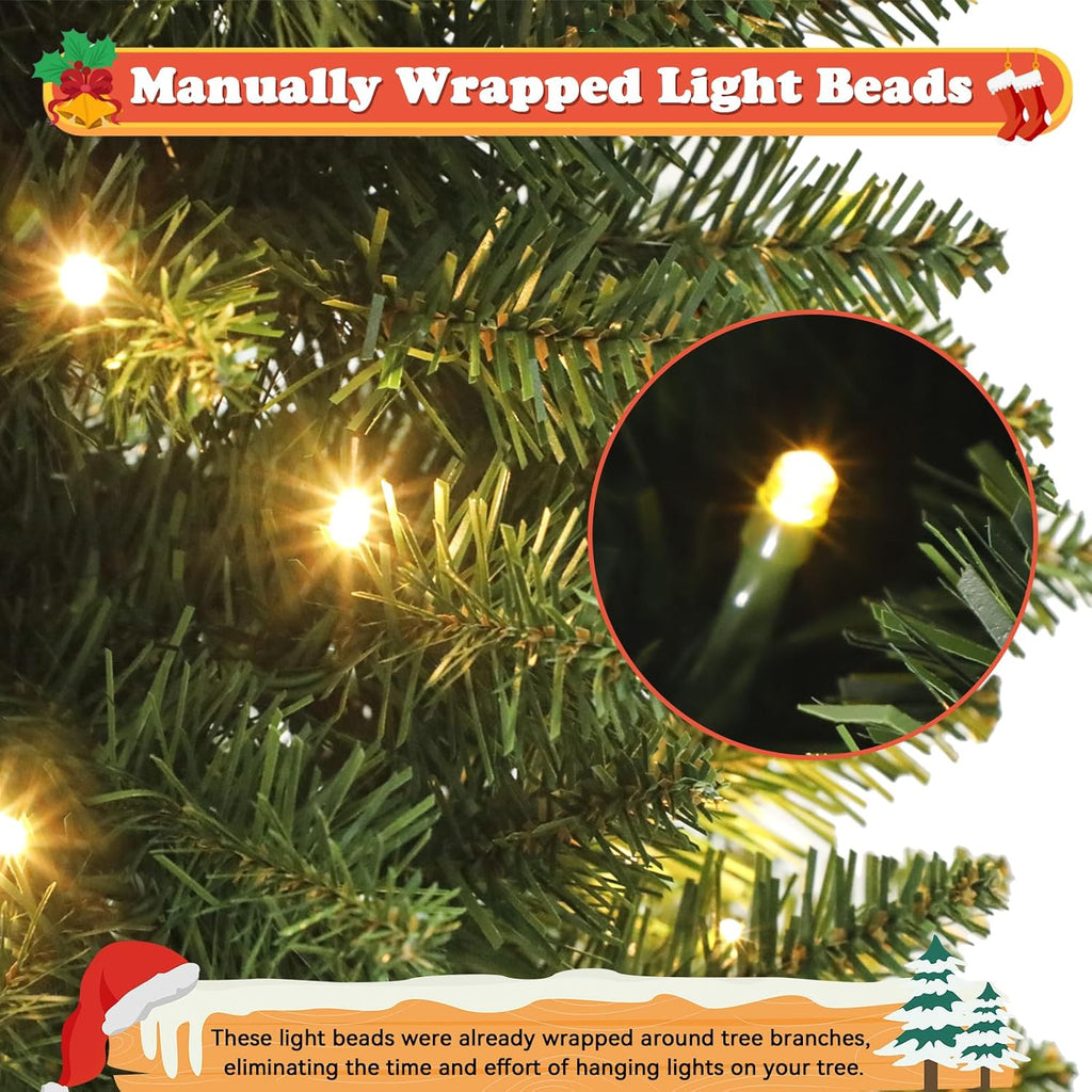 Green Pencil Artificial Christmas Tree Pre-Lit with Warm Lights, Slim Xmas Tree