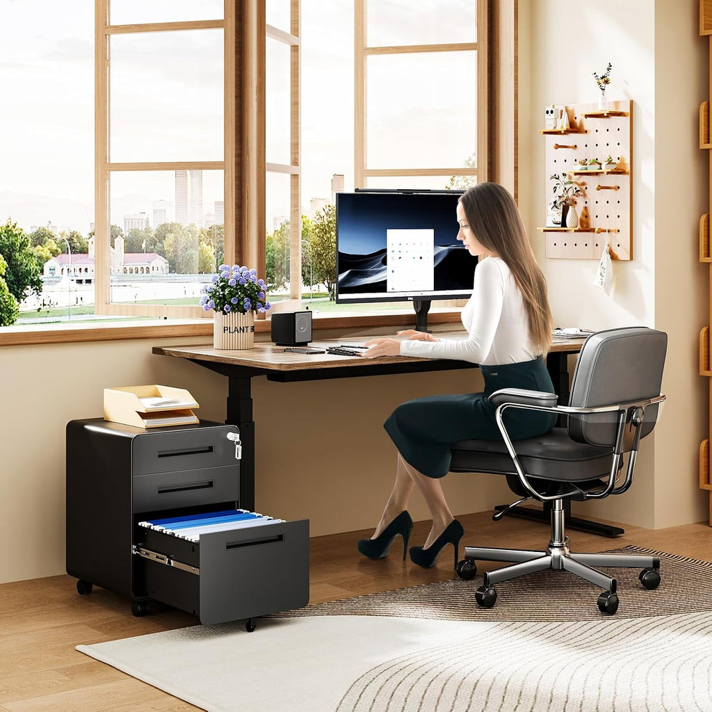 Mobile Filing Cabinet 3 Drawer, Rolling Small File Cabinet with Keys Under Desk, Modern Black Filing Cabinets with