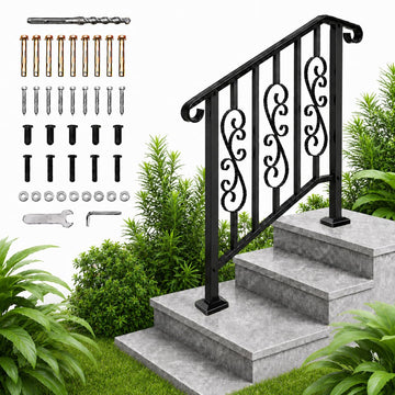 Wrought Iron Hand Rails for Outdoor Steps Adjustable 2-3 Step, 1 Pack