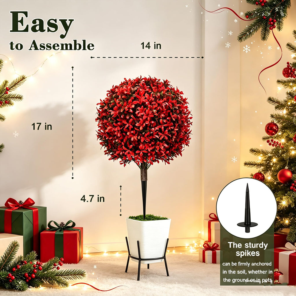 2Pack UV Resistant Red Artificial Boxwood Topiary Fake Plant