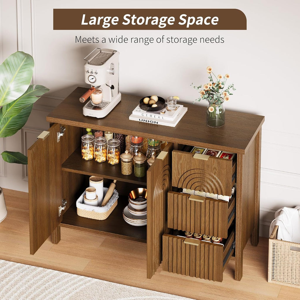 Sideboard Buffet Cabinet with Storage - Fluted Accent Coffee Bar Cabinets Kitchen Credenza with Drawers & Doors, Wood