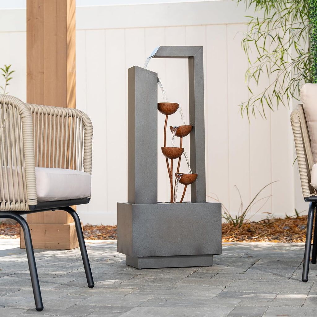 38" Tall Gray and Bronze Metal Sculptural Flower Multi-Tier Freestanding Water Fountain for Indoor & Outdoor Use