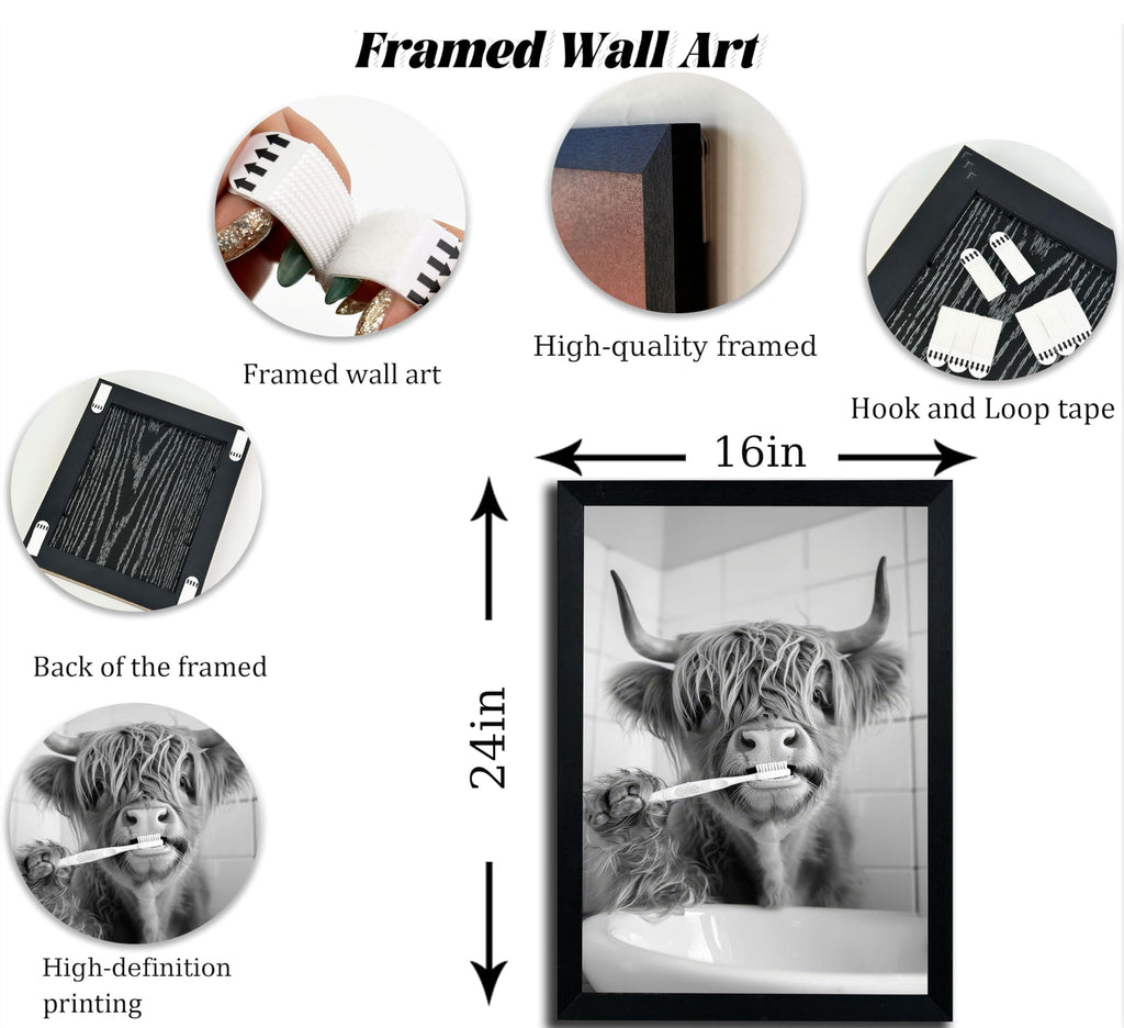 Black Framed-Funny Highland Cow Brushing Teeth Wall Art, Black and White Bathroom Animal Canvas Print, Retro Farmhouse