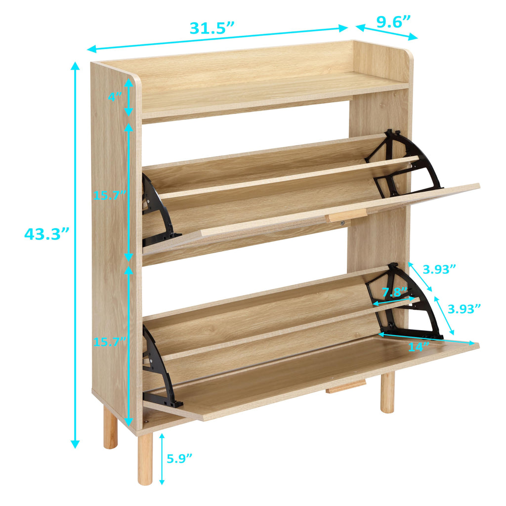Extended Edition Shoe Cabinet with Natural Rattan Flip Drawers, Free Standing 2 Tier Slim Shoe Organizer with Large