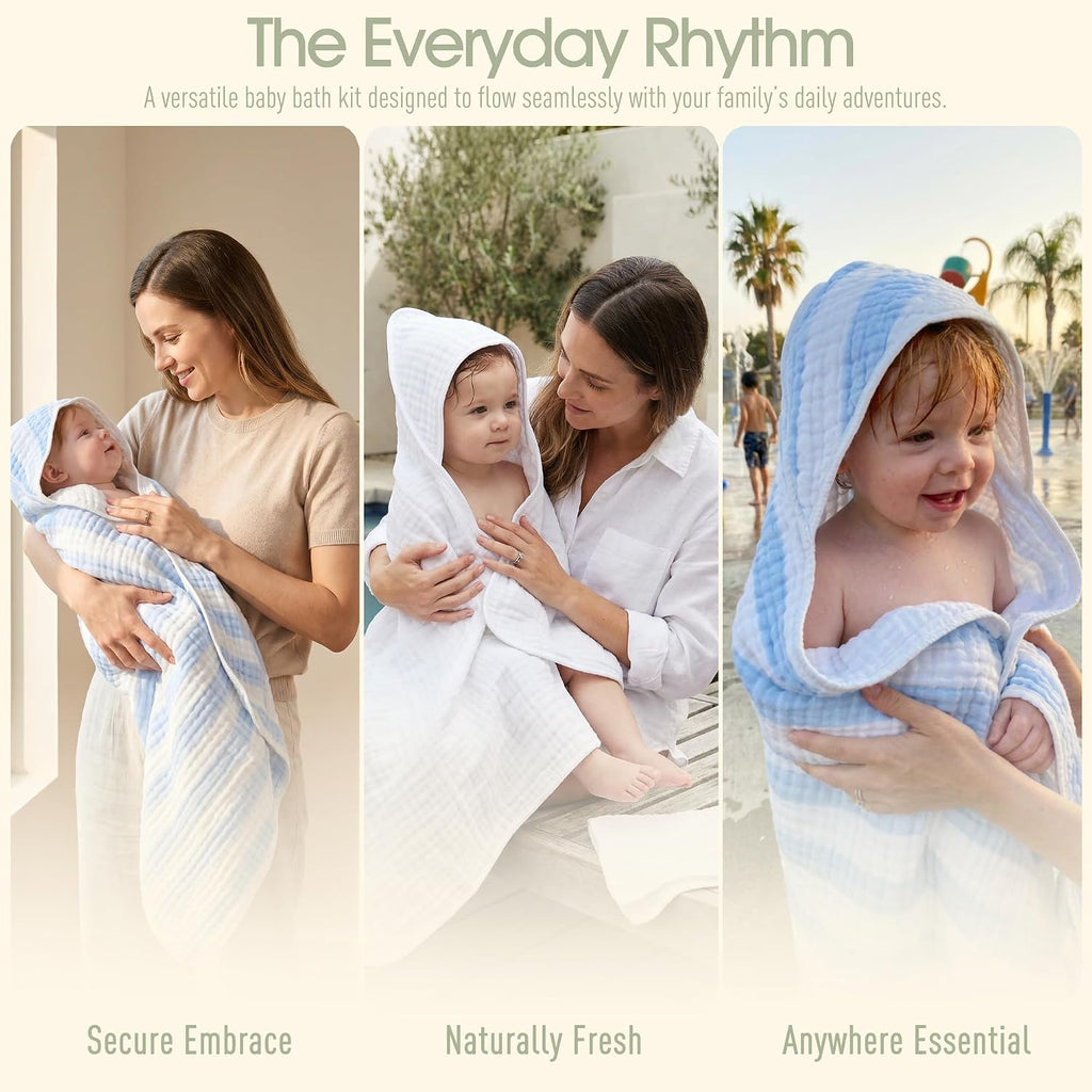 Organic Muslin Hooded Baby Bath Towel 4pc for Newborn - Blue Stripe