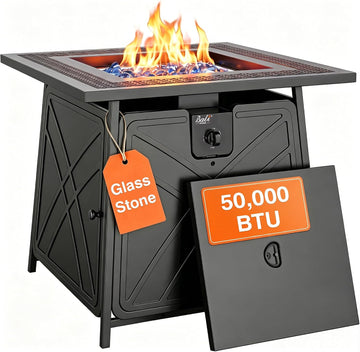 Gas FirePit Table | 28 inch 50,000 BTU Square Outdoor Propane Fire Pit Table with Lid and Blue Fire Glass