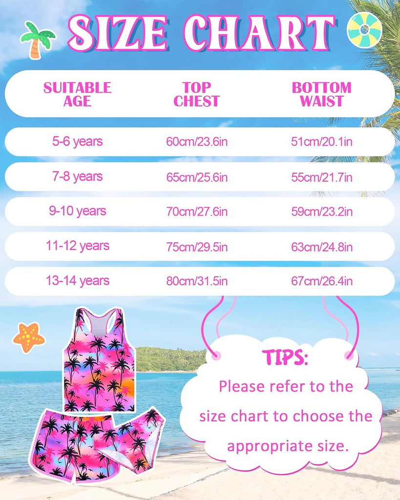 Girls Tankini Swimsuit 3 Piece Bathing Suit Set Cute Bikini Swimwear with Shorts Summer UPF 50+ Racerback Kids Swim