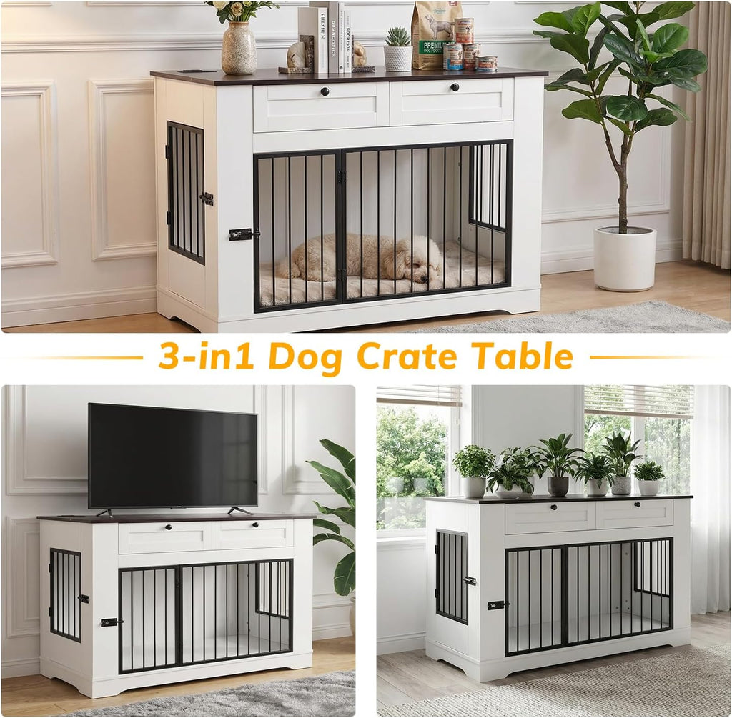 Dog Crate Furniture TV Stand with Charging Station-47. Heavy Duty Dog Kennel Furniture tv table with 2 Drawers
