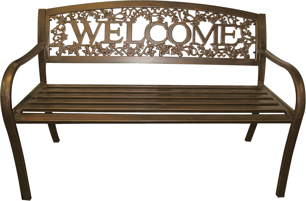 Metal Outdoor Bench, Welcome Design, Decorative Patio Seating for Porch/Deck