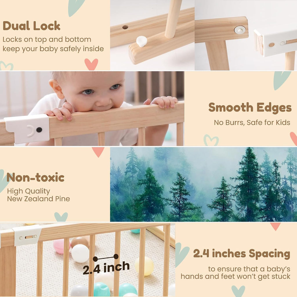 GGF Wooden Baby Playpen Foldable Play Yard with Gate 86"x58" Natural Wood