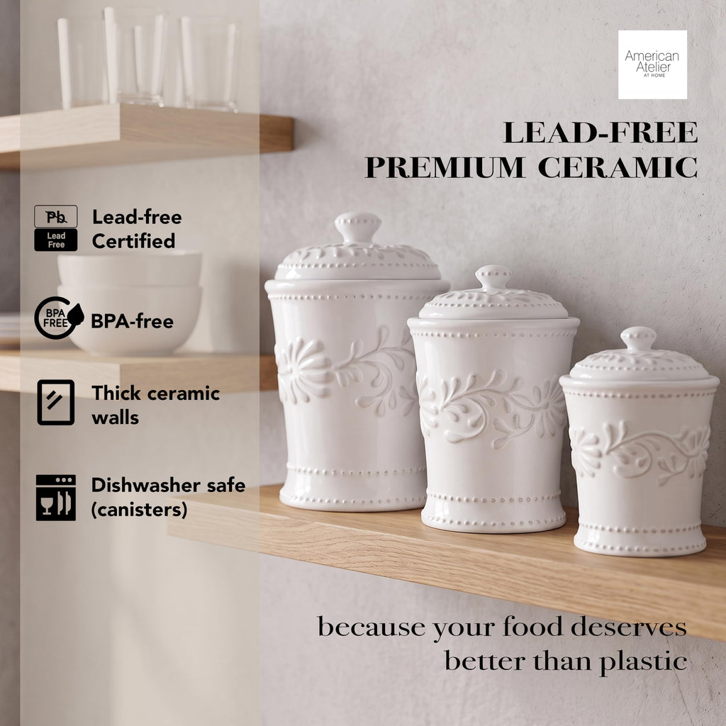 Ceramic Canister Set w/Lids Bianca Leaf, White 3PC