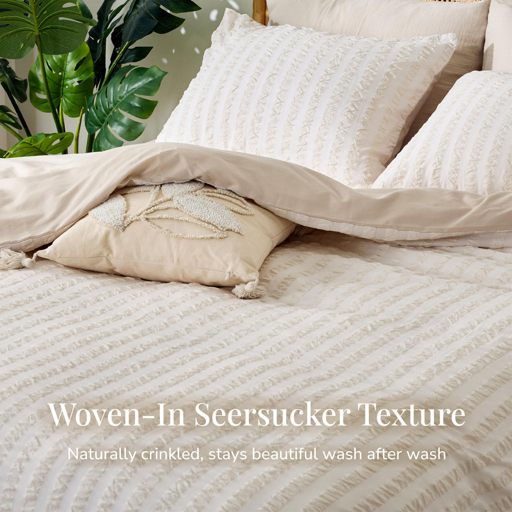 Seersucker Duvet Cover 3 Pieces Cream Gray