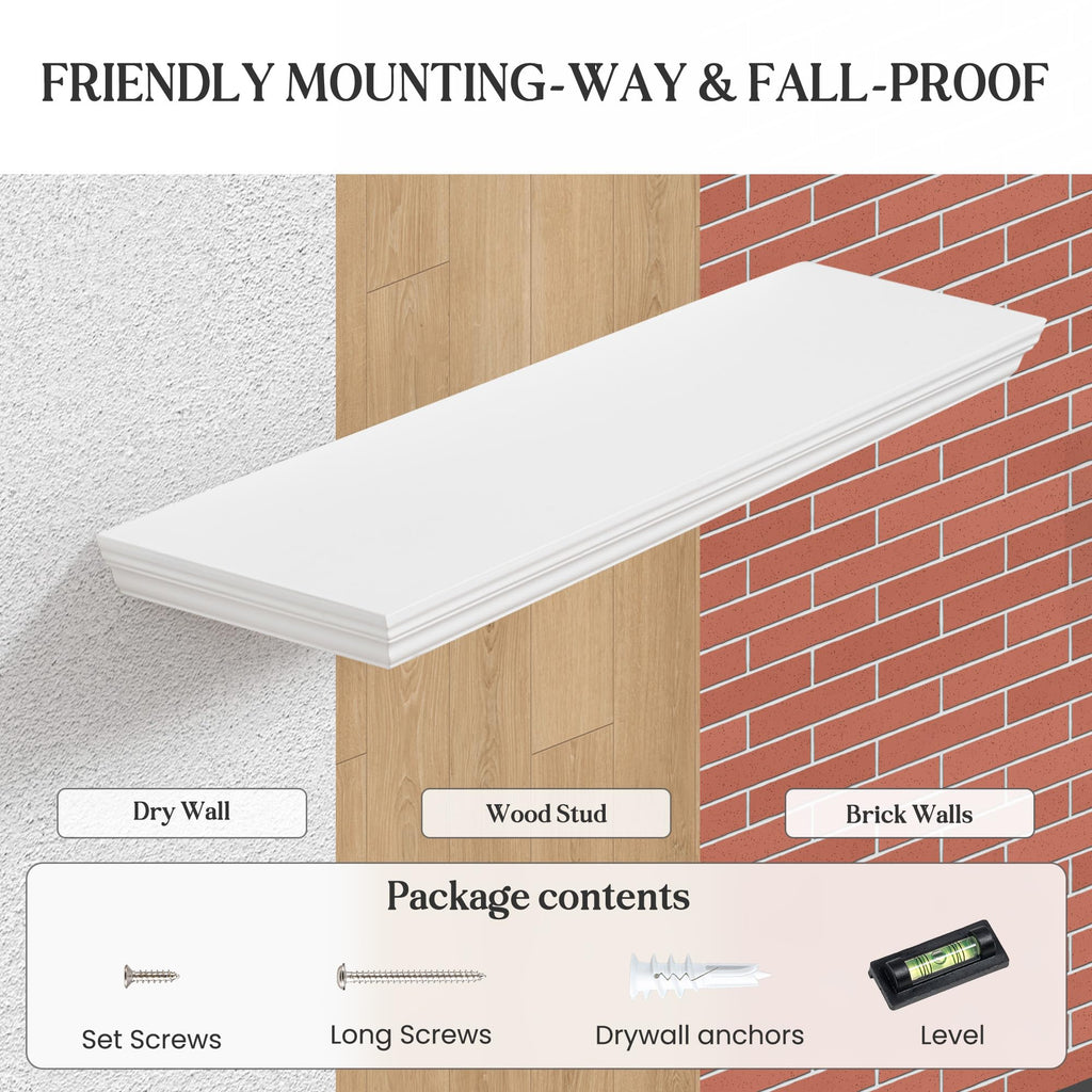 Floating Shelves, White, 72 Inch Long, 9.3 Inch Deep, 1 Pack