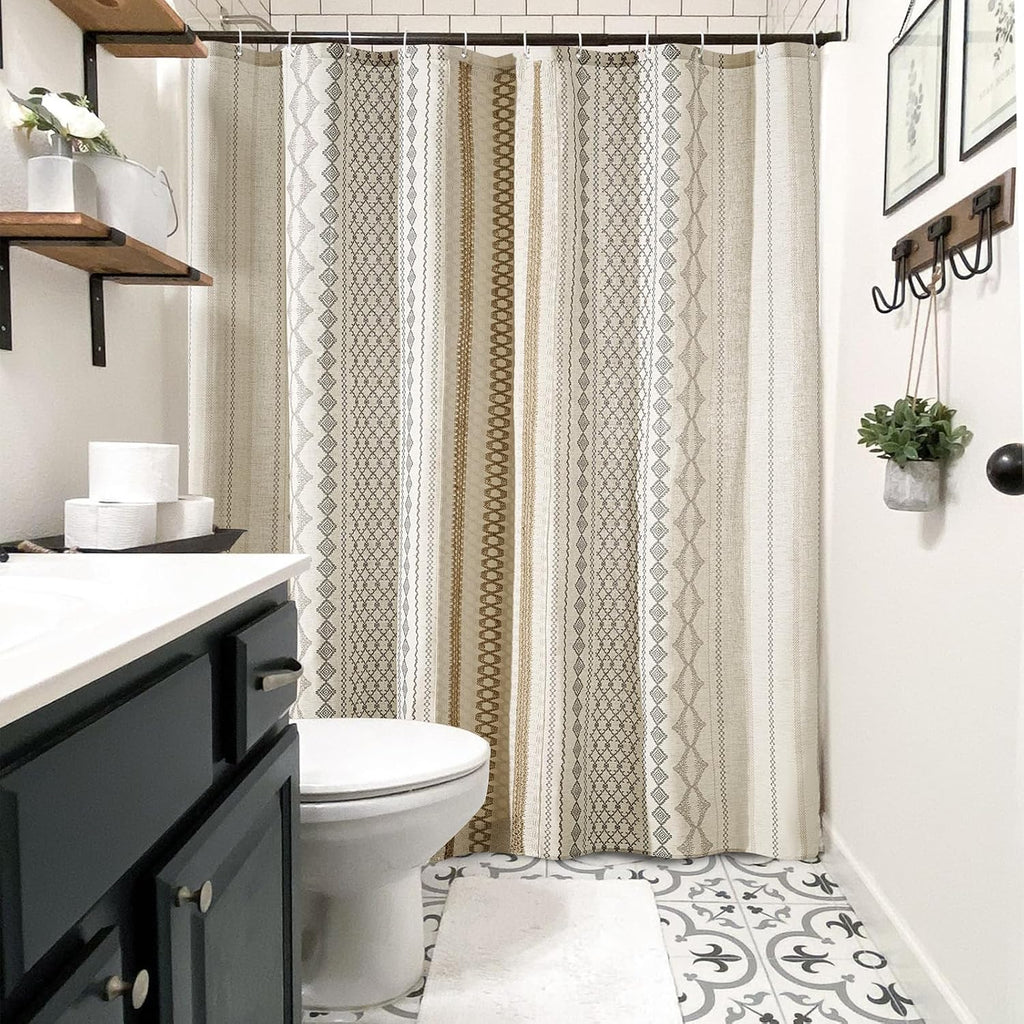 Modern Farmhouse Shower Curtain, Water Resistant Privacy Natural Linen Textured Fabric, Boho Vintage Tribal Geometry