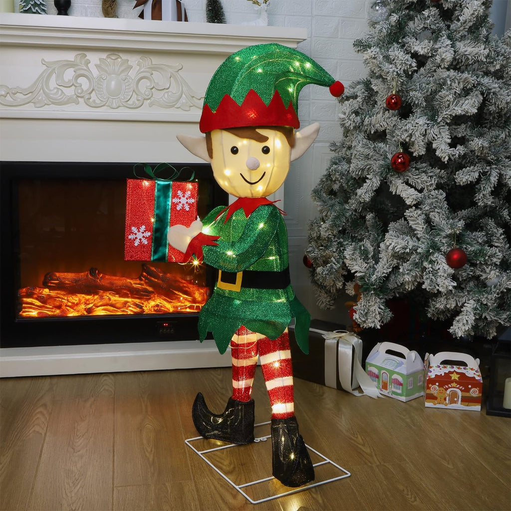 Lighted Christmas Outdoor Decor, 38" Height Pre-Lit 3D Tinsel Xmas Green Elf Figure, Light Up Xmas Yard Displays