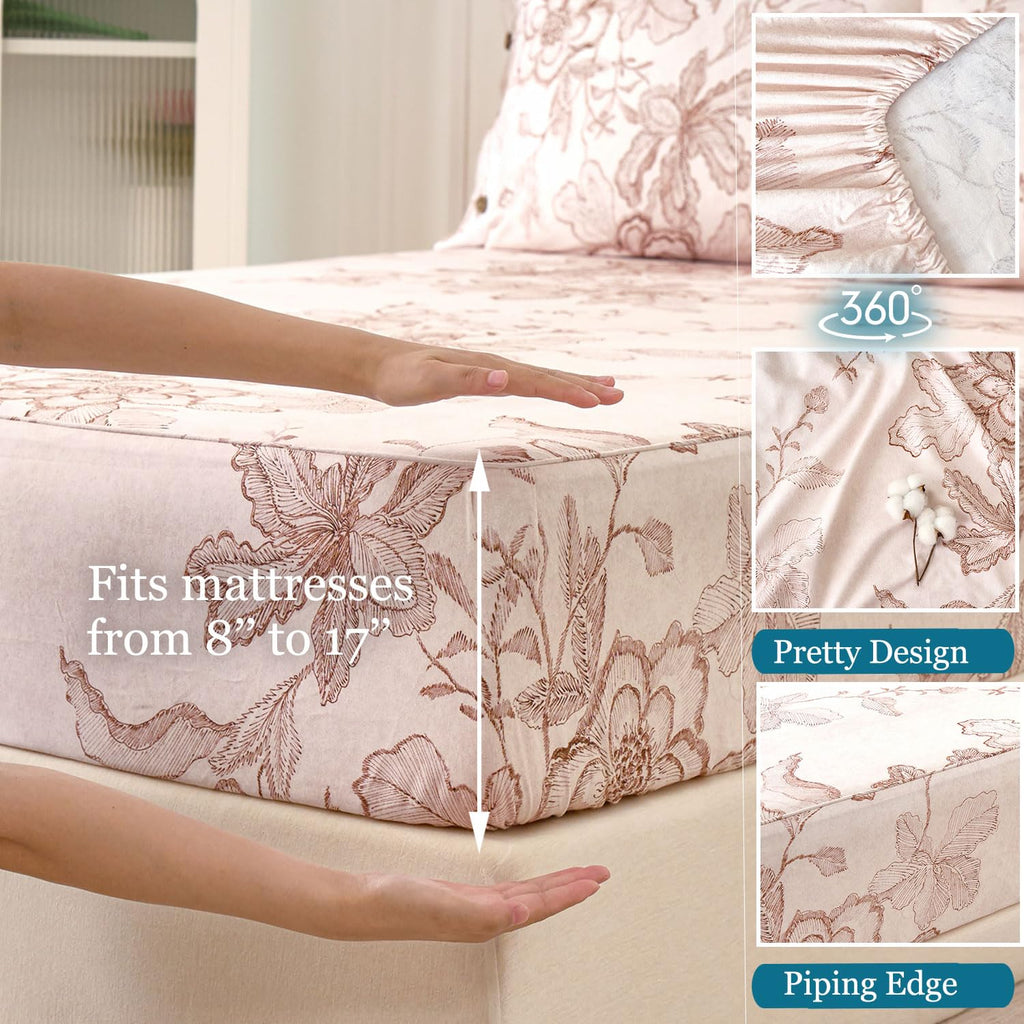 Sheets Pink Floral Sheet Set 400TC 100% Cotton Flannel-Like Warm Luxury Bed Sheet Set 4Pcs, Button Closure