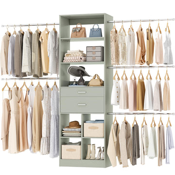 Closet System, 4-8 FT Closet Organizer Tower with 2 Wooden Drawers and Shelves, Can Fit 60 to 96 inch Walk-in Closet