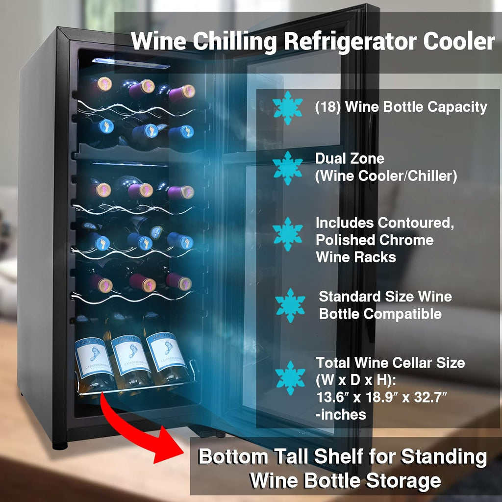 PKCWCDS188 Freestanding Wine Fridge, 18 Bottle Dual Zone Beverage Cooler for Hom