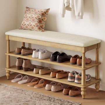 2-Tier Shoe Bench, Wooden Entryway Bench, 39.4 Inches Width