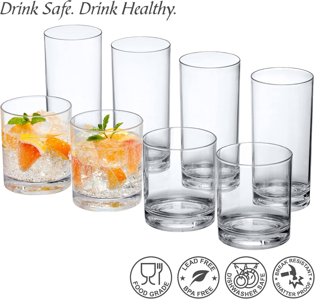 Probity - 12-Ounce and 16-Ounce Plastic Tumblers (Set of 8), Drinking Glasses, Reusable Cups, BPA-Free