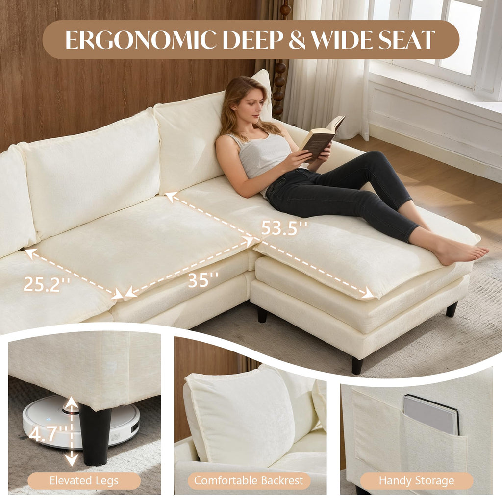 180.6" U Shaped Couch Cloud Sofa Modular Sectional Couch with 4 Large Ottomans, 5 Seater Chenille Oversized Deep Seat