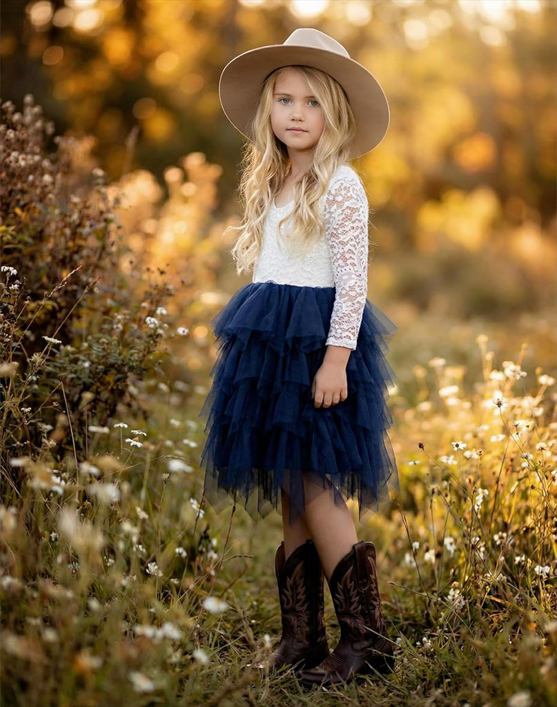 Girl Peony Lace Back A-Line Tiered Tutu Tulle Party Flower Girl Dress