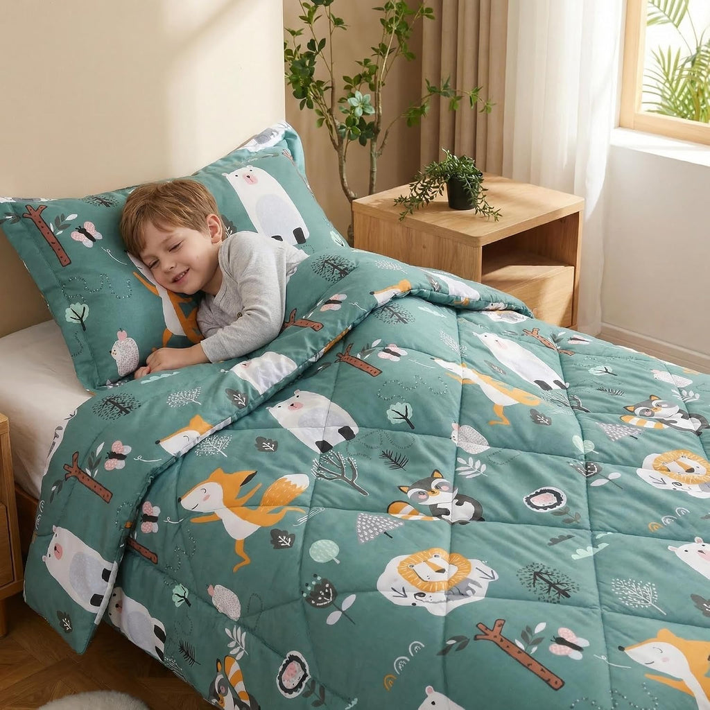 Green Forest Animals Kids Comforter Set Twin, 2 Piece Woodland Printed Microfiber Bedding Set, Machine Washable
