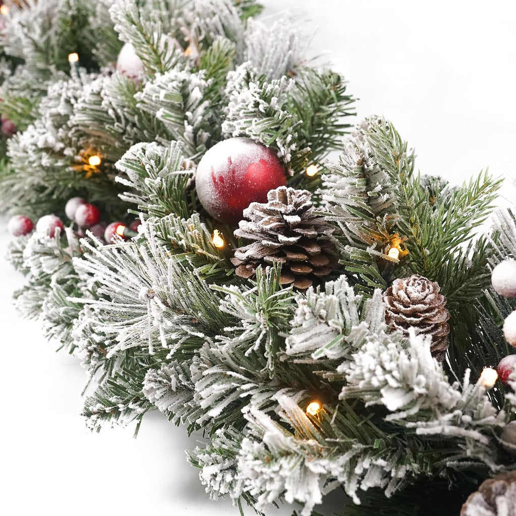 Christmas Garland Flocked 9ft with 50 Lights, Christmas Decor with Pine Cone Red Balls & Berries 50 Light Timer