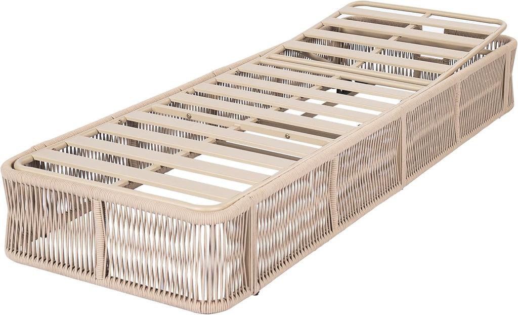 Patio Chaise Lounge with Woven Rope Base, Adjustable Sunlounge Without Cushion, Beige and White