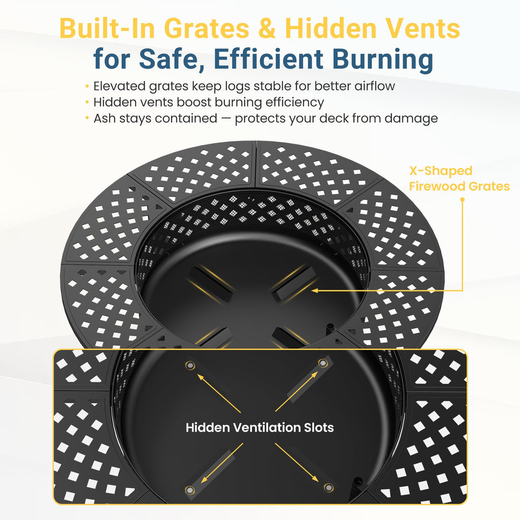 48" Large Fire Pit for Outside with 2 Adjustable Grills, Lid & Fire Poker