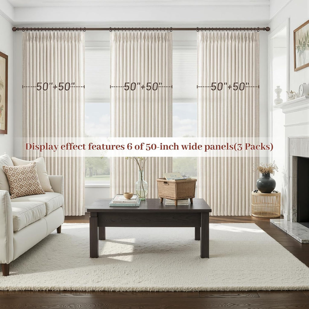 Birch Thick Linen 50 Inch Wide Viral Curtains 90 Inches Long for Sliding Glass Doors 2 Panels Set, Memory Shape Pinch