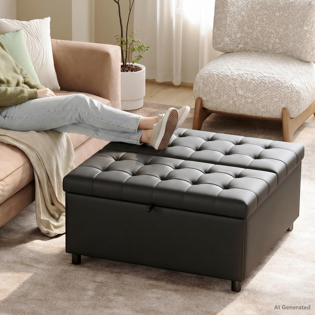Black Leather 36 Inch Extra Large Lift Top Living Room Storage Ottoman