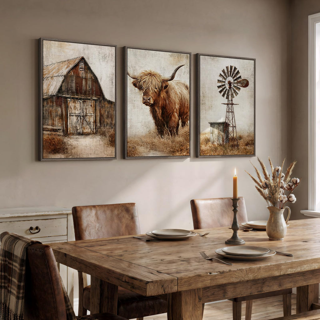 Framed Farmhouse Highland Cow Wall Art, Set of 3 20x30 In
