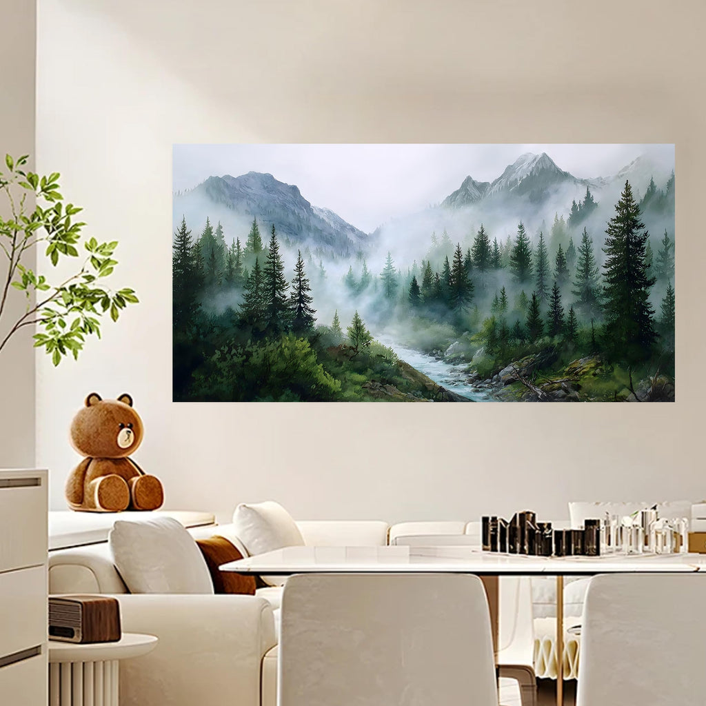 Large Misty Forest Wall Art Green Mountain Landscape Canvas Prints with Trees and River Modern Nature Artwork Office