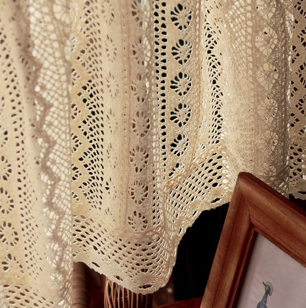 Short Curtain for Small Window Rustic Boho Cotton Geometric Hollow Crochet Lace Semi Transparent Cabinet Curtain Door