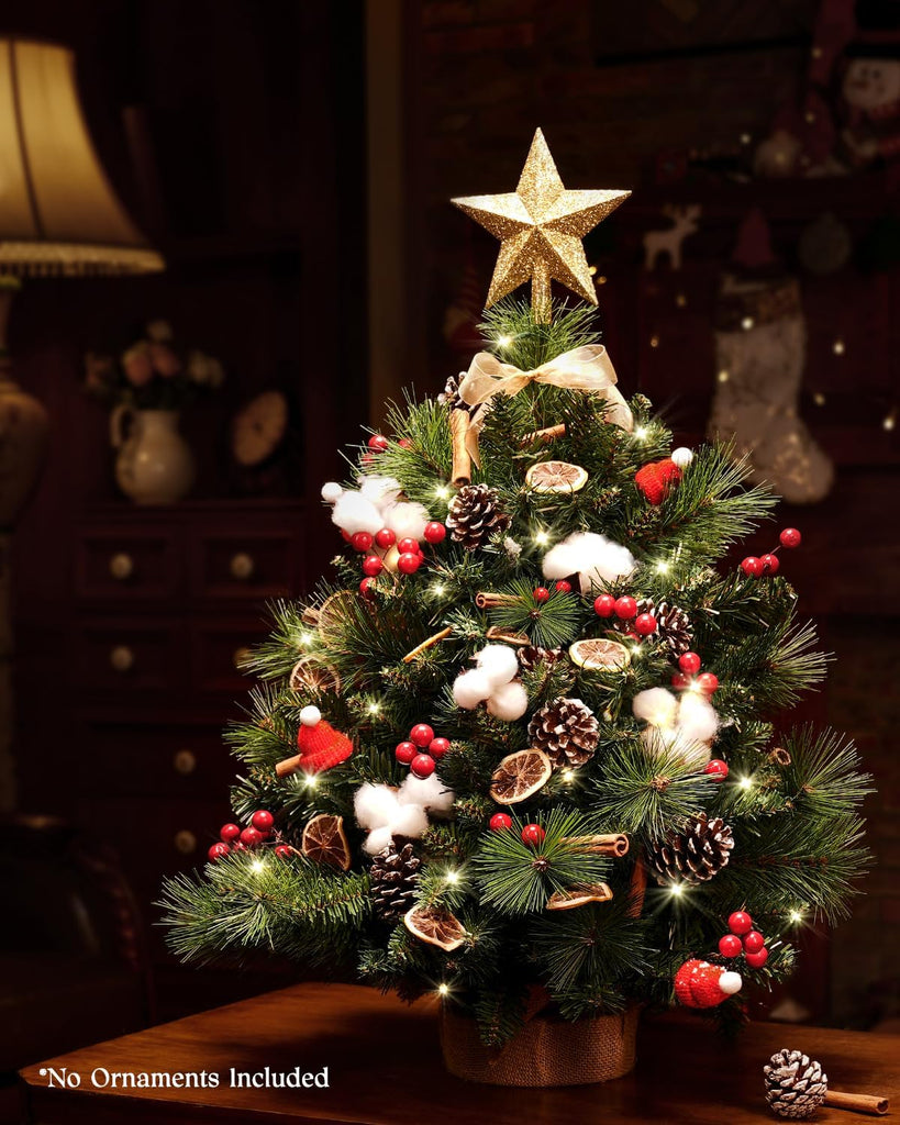 2ft Tabletop Pre-lit Christmas Tree with Star Treetop, Clear LED Lights, Artificial Xmas with Burlap Base for Table