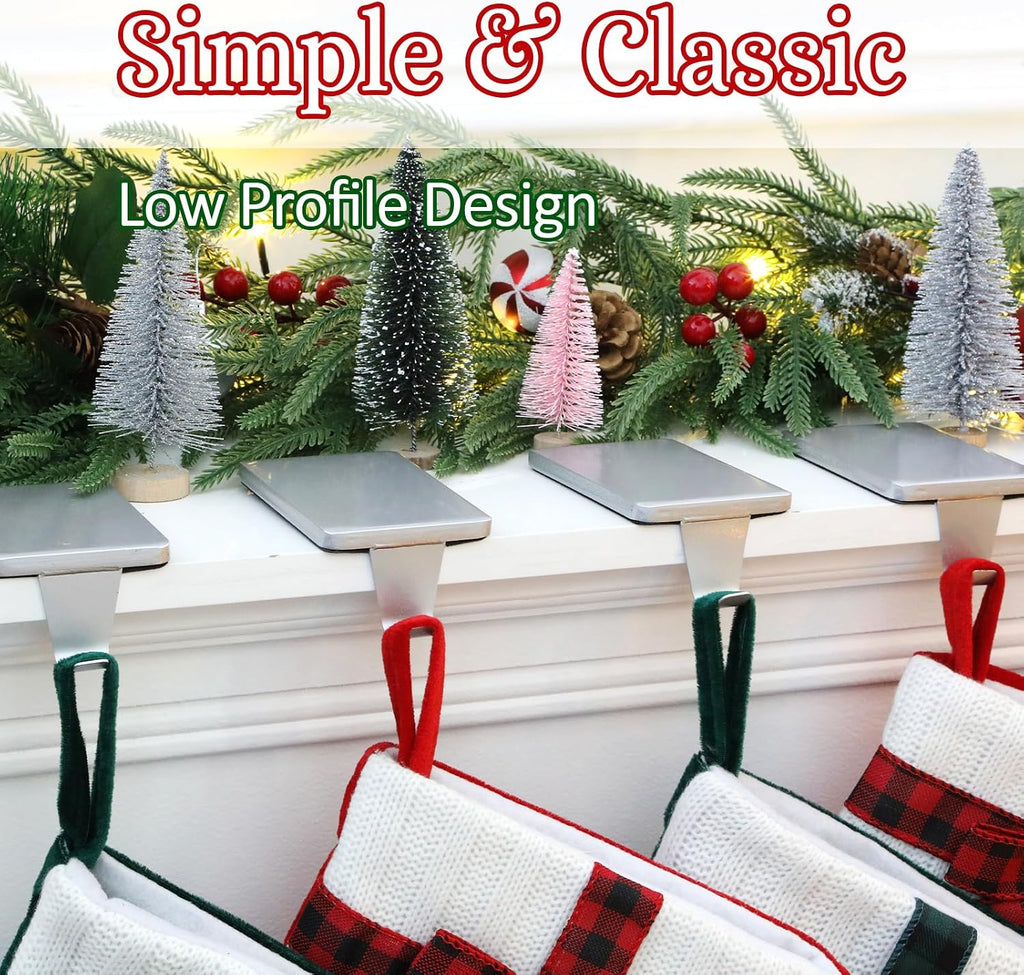 Christmas Stocking Holders for Mantle Set of 4, Silver Heavy Duty Iron Stocking Hangers Base, Low Profile Weighted