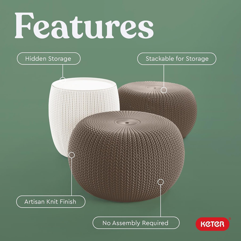 Urban Knit Pouf Ottoman Set of 2 with Storage Table and Room Décor-Perfect for Balcony, Deck, and Outdoor Seating