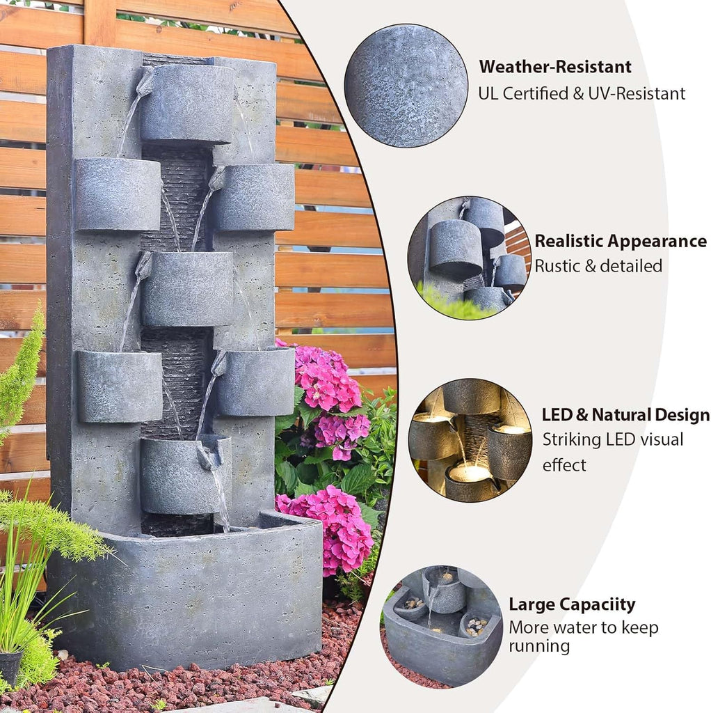 44.8" H Modern Outdoor Water Fountain with LED Lights and Pump, Mutiply-Tier Standing Cascading Waterfall