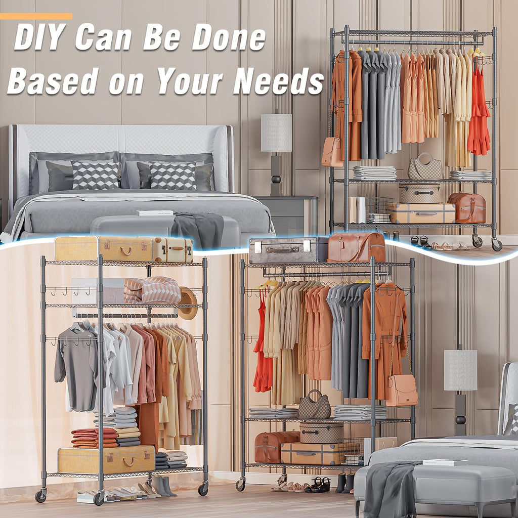 Heavy Duty Rolling Clothing Rack, Adjustable Garment Rack with 3 Tier Storage Shelves, Freestanding Closet Wardrobe