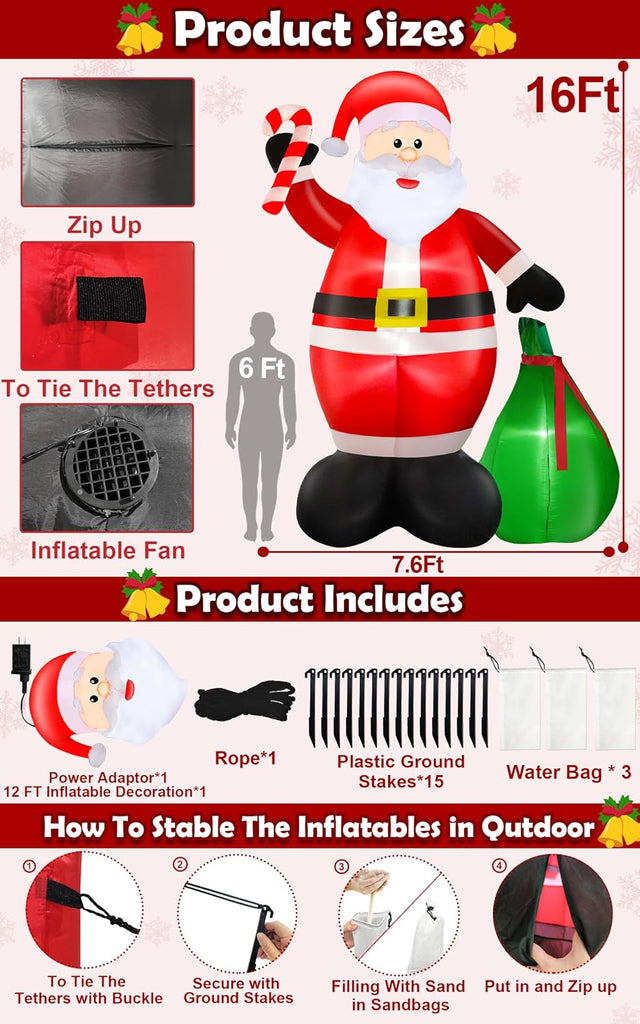 12 Ft by 7.6 Ft Giant Christmas Inflatables Decorations Outdoor Santa Claus with Gift Bag with LED Light for